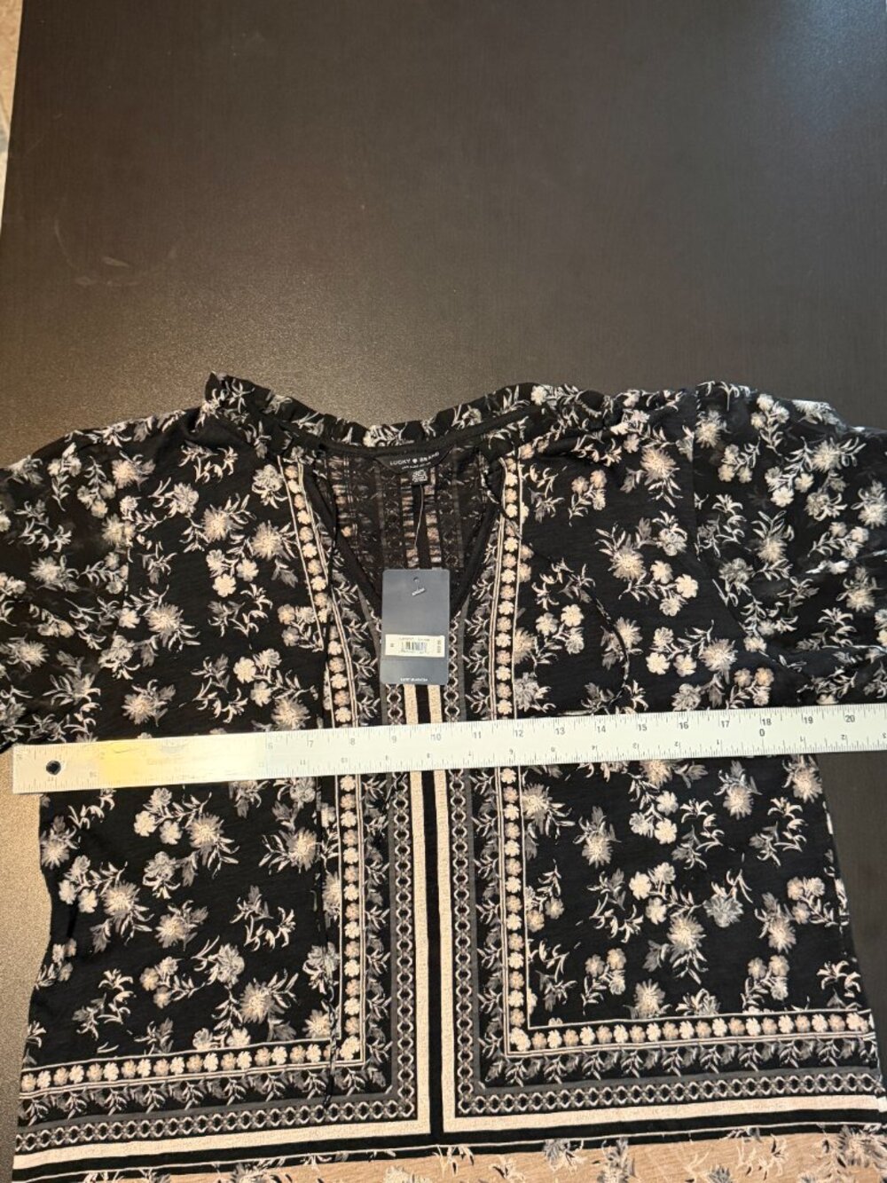 NWT Lucky Brand Black Floral Short Sleeve Peasant Boho Blouse Top Size M - Picture 8 of 11